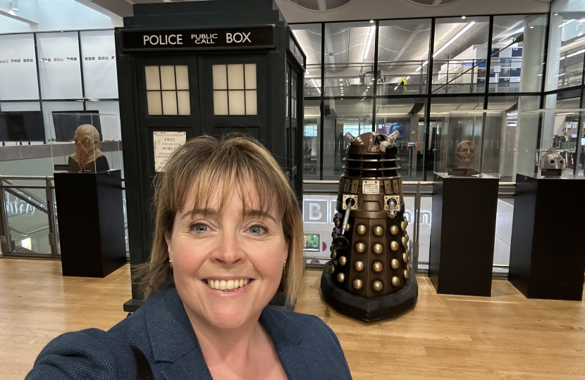 Abi Brown with the Doctor Who Tardis at BBC West Midlands in Birmingham