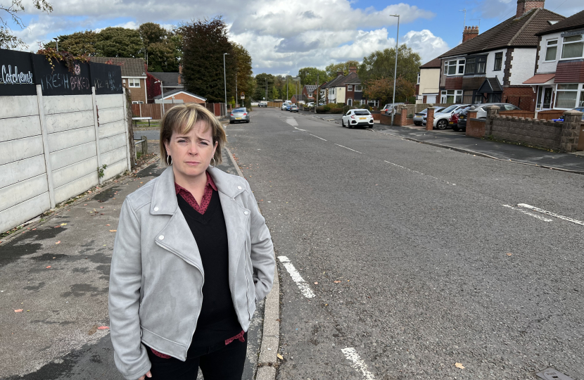 Abi Brown at Caverswall Lane where residents would like to see double yellow lines put down