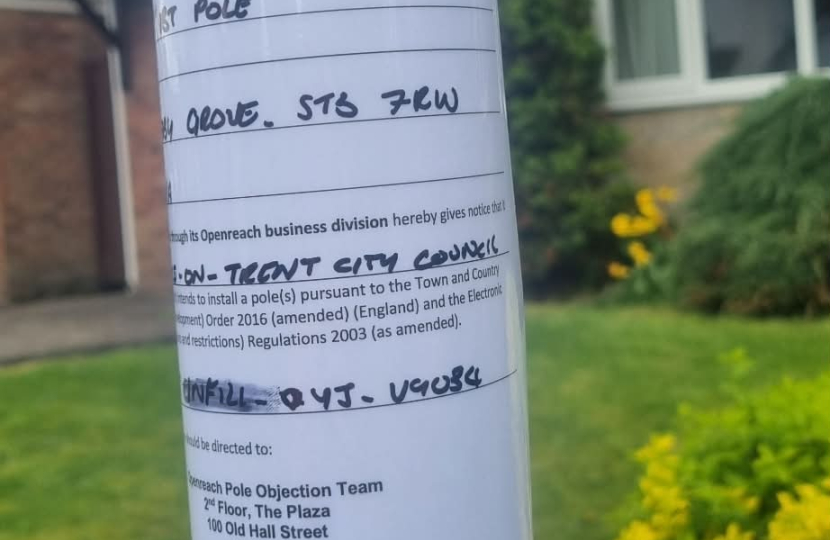 A BT Openreach notice on a streetlamp in Meir Park