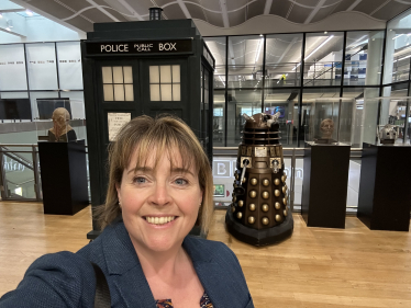 Abi Brown with the Doctor Who Tardis at BBC West Midlands in Birmingham