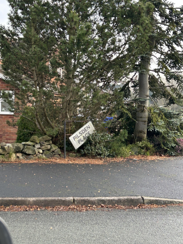 The damaged sign at Pilsden Place, Meir Park